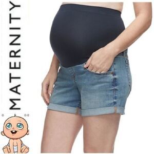 Maternity Full Belly Boyfriend Blue Jean Shorts Size 12 Distressed Denim